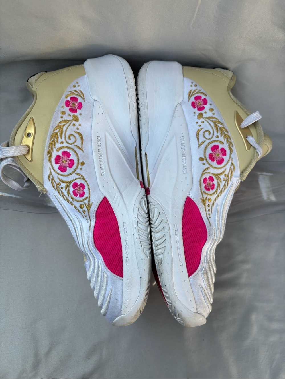 Jordan Men's White Sneakers with Pink Floral and Gold Accents